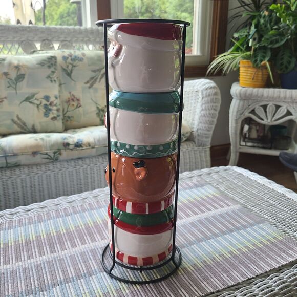 Holiday Time Santa Snowman & Reindeer Mix Stackable Stoneware Mug Set Metal Rack - Picture 9 of 10